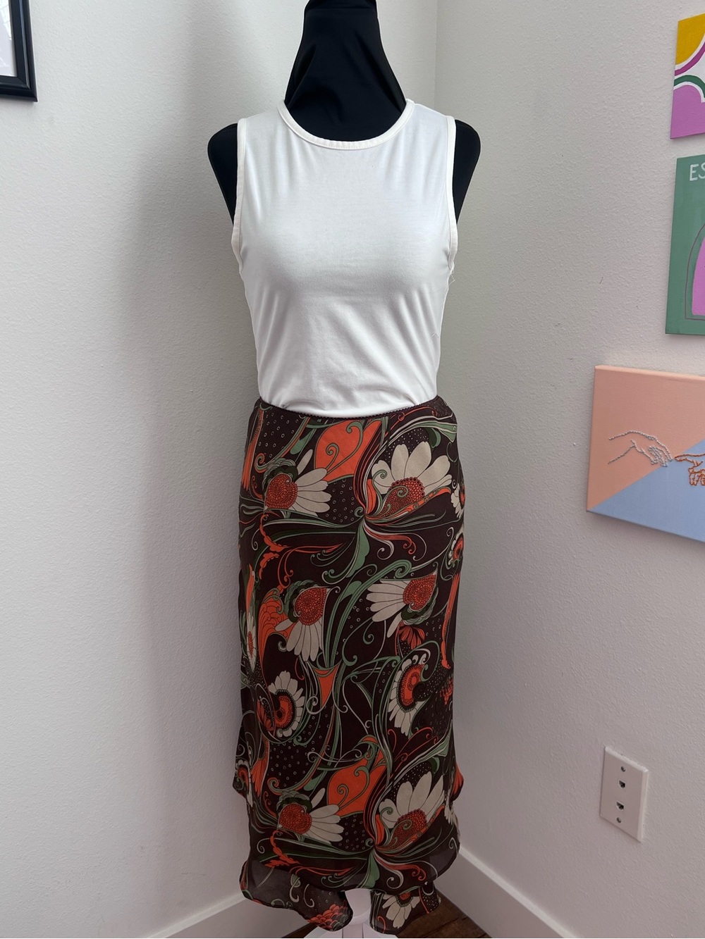 D.E.A. New York Brown Floral Paisley Midi Skirt – 70s Mod Retro Print – Size XL